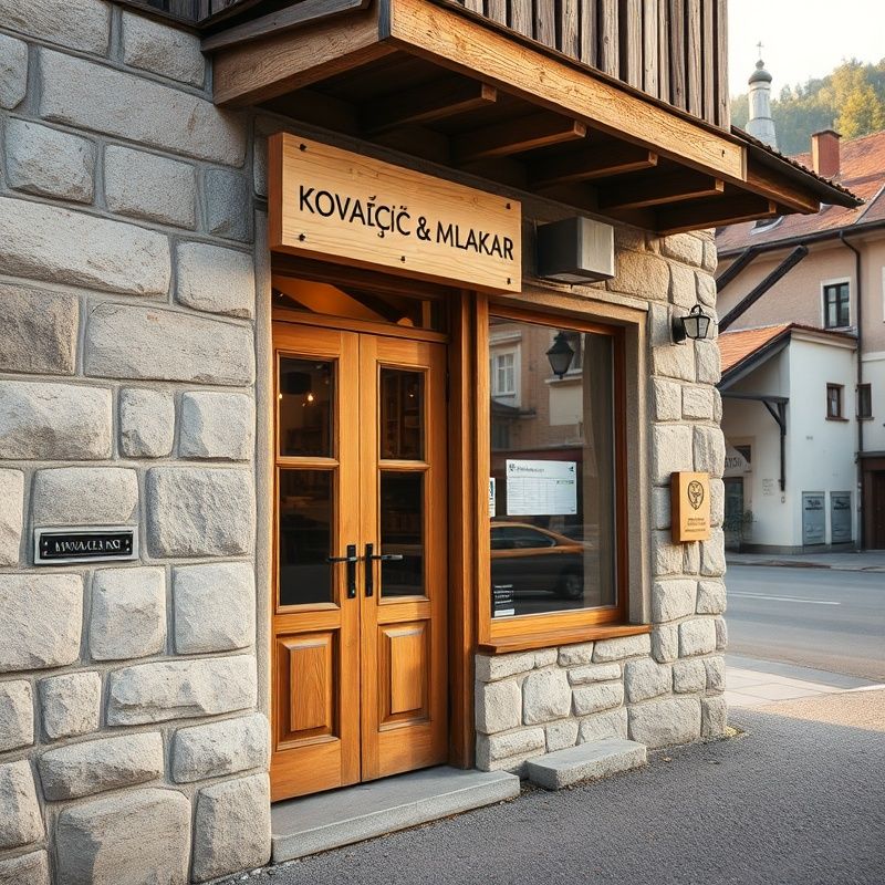 Zunanjost delavnice Kovačič & Mlakar v Kranju v jutranji svetlobi